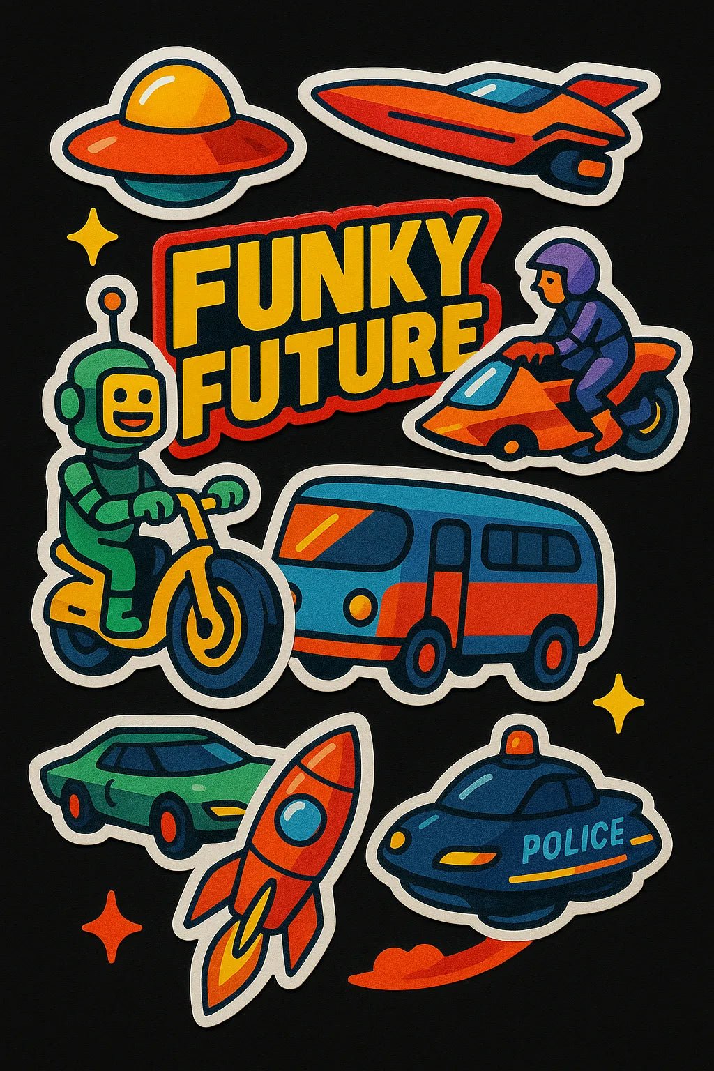 Example output from the Premium Popart Themed Stickers ChatGPT prompt: colorful sticker sheets with energetic modern designs. Funky Future.