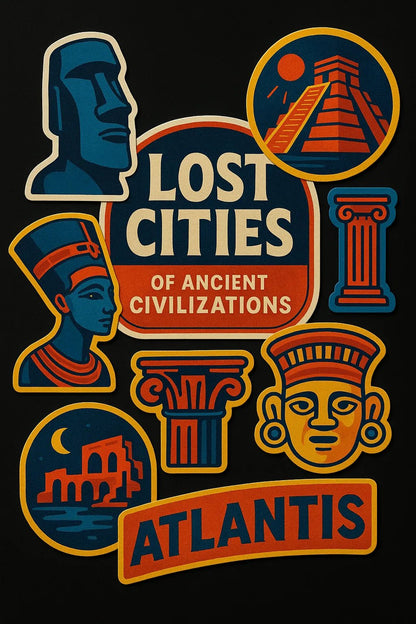 Example output from the Premium Popart Themed Stickers ChatGPT prompt: colorful sticker sheets with energetic modern designs. Lost Cities.
