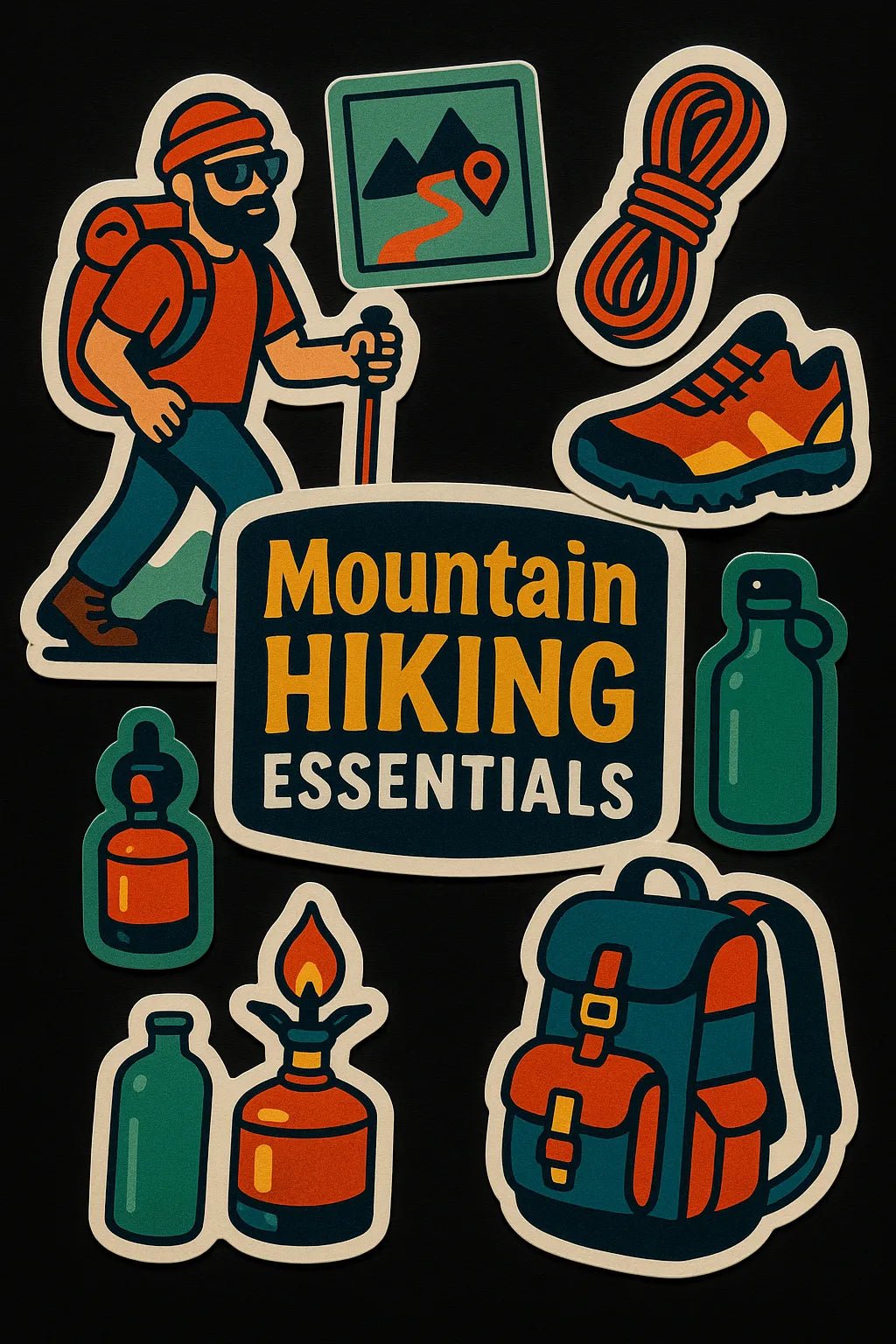 Example output from the Premium Popart Themed Stickers ChatGPT prompt: colorful sticker sheets with energetic modern designs. Hiking.