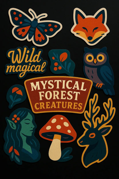Example output from the Premium Popart Themed Stickers ChatGPT prompt: colorful sticker sheets with energetic modern designs. Mystical Forest Creatures.