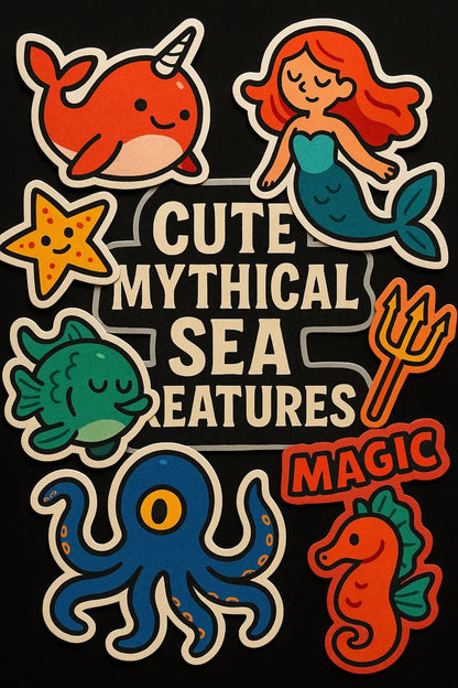 Example output from the Premium Popart Themed Stickers ChatGPT prompt: colorful sticker sheets with energetic modern designs. Cute Mythical Sea Creatures.