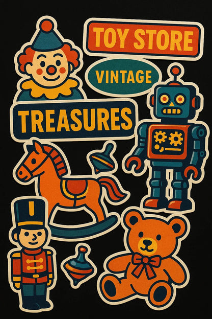Example output from the Premium Popart Themed Stickers ChatGPT prompt: colorful sticker sheets with energetic modern designs. Vintage Toy Store.