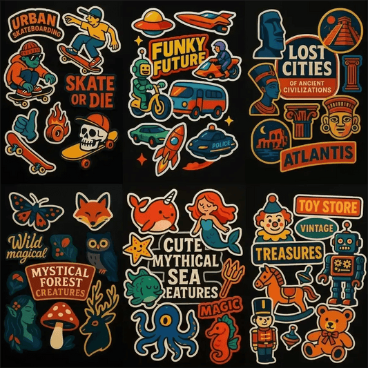 Example output from the Premium Popart Themed Stickers ChatGPT prompt: colorful sticker sheets with energetic modern designs, featuring thick vector lines, high-gloss black backgrounds, and varied playful character styles.