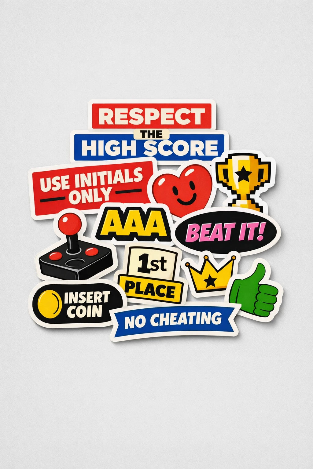 Example output from the Premium Retro Sticker Pile Photos ChatGPT prompt: a flat-lay sticker pile themed arcade high score, with joystick, trophy, insert coin, AAA initials and 1st place stickers.