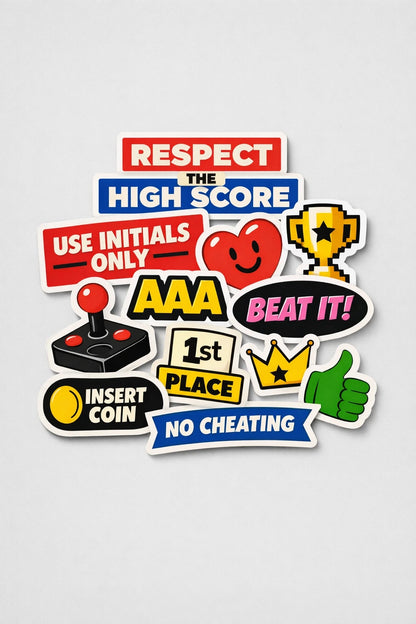 Example output from the Premium Retro Sticker Pile Photos ChatGPT prompt: a flat-lay sticker pile themed arcade high score, with joystick, trophy, insert coin, AAA initials and 1st place stickers.