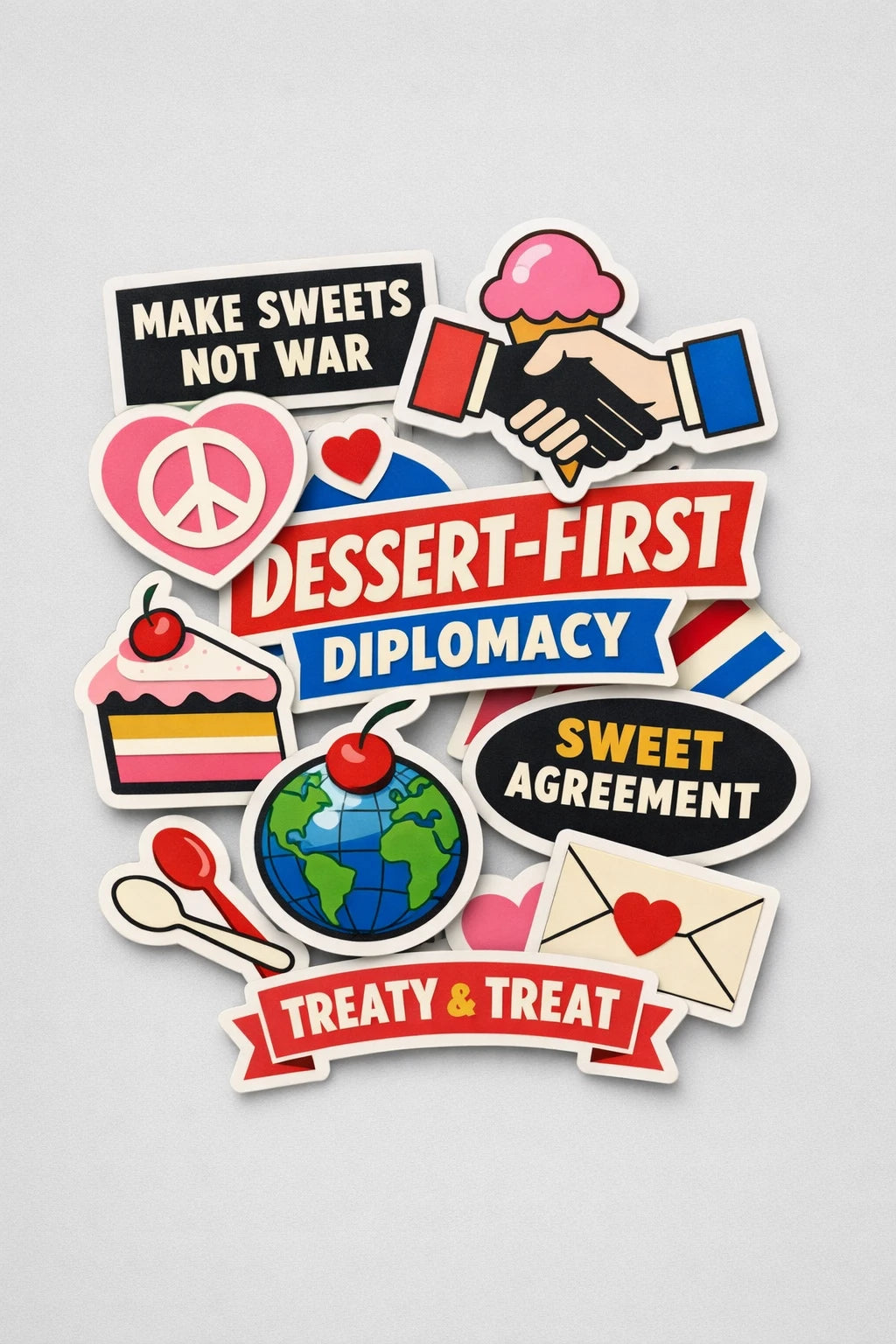 Example output from the Premium Retro Sticker Pile Photos ChatGPT prompt: a flat-lay sticker pile themed Dessert-First Diplomacy, with cake, globe, handshake, peace heart and treaty banner stickers.