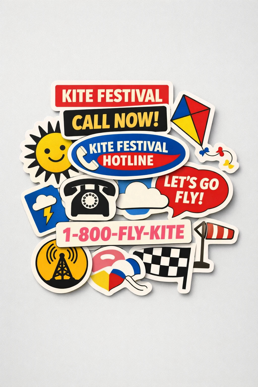 Example output from the Premium Retro Sticker Pile Photos ChatGPT prompt: a flat-lay sticker pile themed Kite Festival, with kite, sun, telephone, windsock and 1-800-FLY-KITE stickers.
