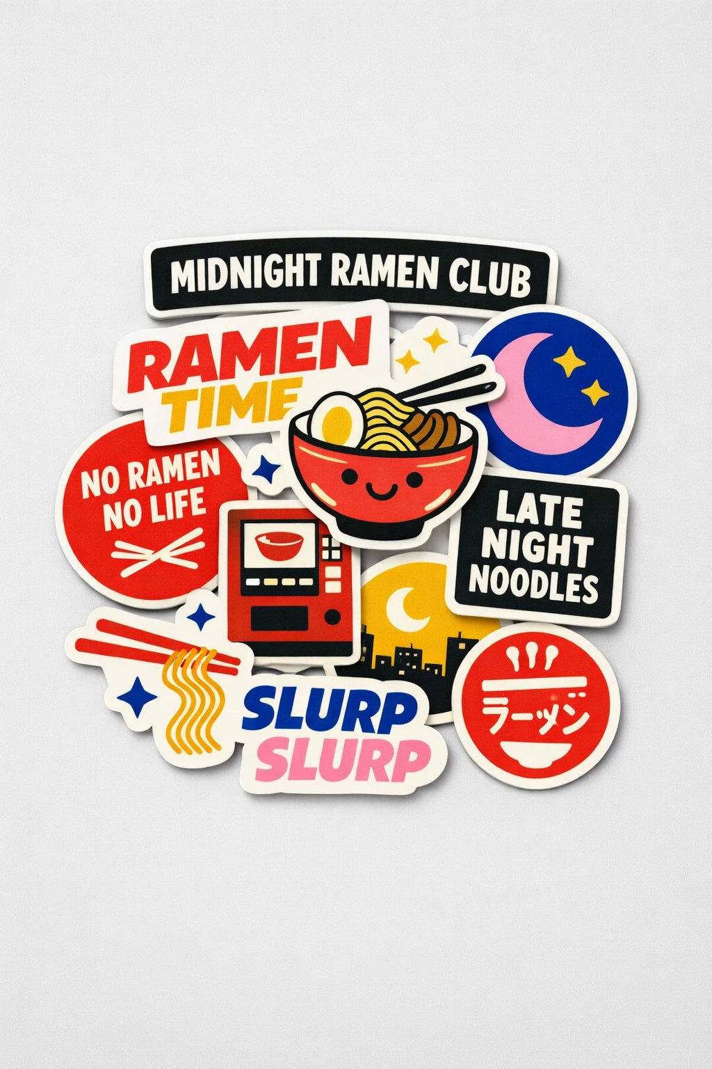 Example output from the Premium Retro Sticker Pile Photos ChatGPT prompt: a flat-lay sticker pile themed Midnight Ramen Club, with ramen bowl, chopsticks, vending machine, moon and slurp stickers.