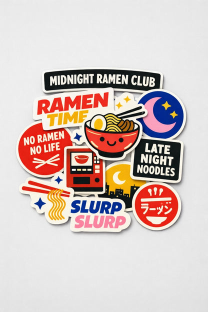 Example output from the Premium Retro Sticker Pile Photos ChatGPT prompt: a flat-lay sticker pile themed Midnight Ramen Club, with ramen bowl, chopsticks, vending machine, moon and slurp stickers.