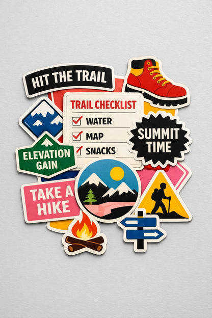 Example output from the Premium Retro Sticker Pile Photos ChatGPT prompt: a Mountain Trail Checklist themed sticker pile photographed flat-lay in retro-modern style with studio lighting.
