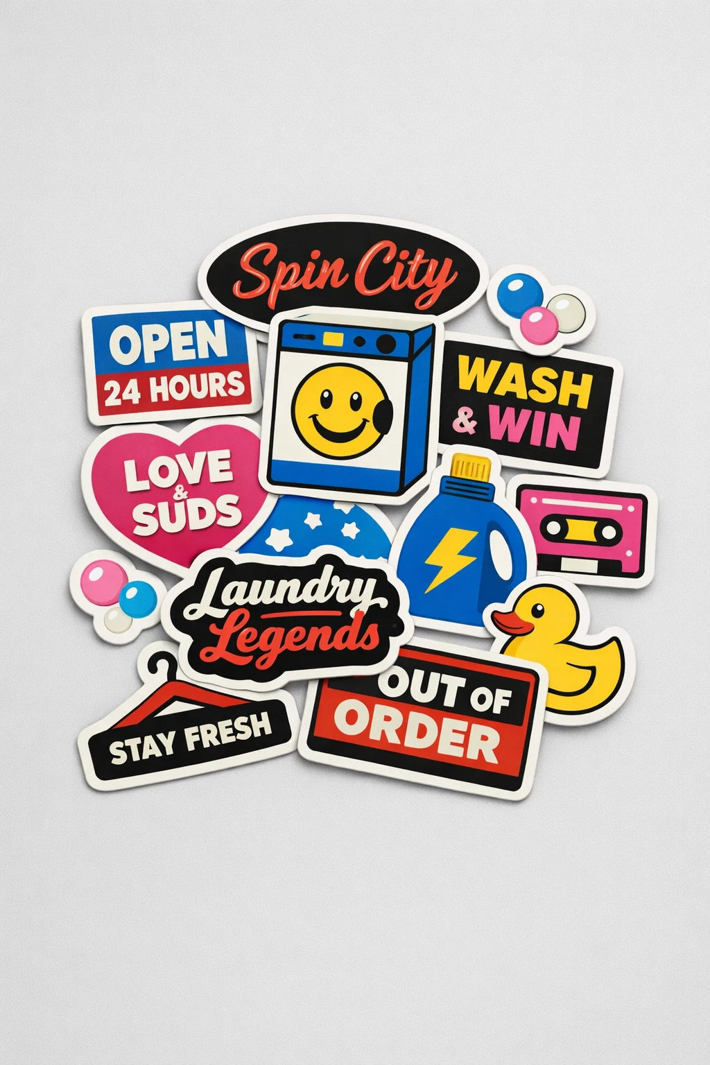 Example output from the Premium Retro Sticker Pile Photos ChatGPT prompt: a Neon Laundromat themed sticker pile photographed flat-lay in retro-modern style with studio lighting.