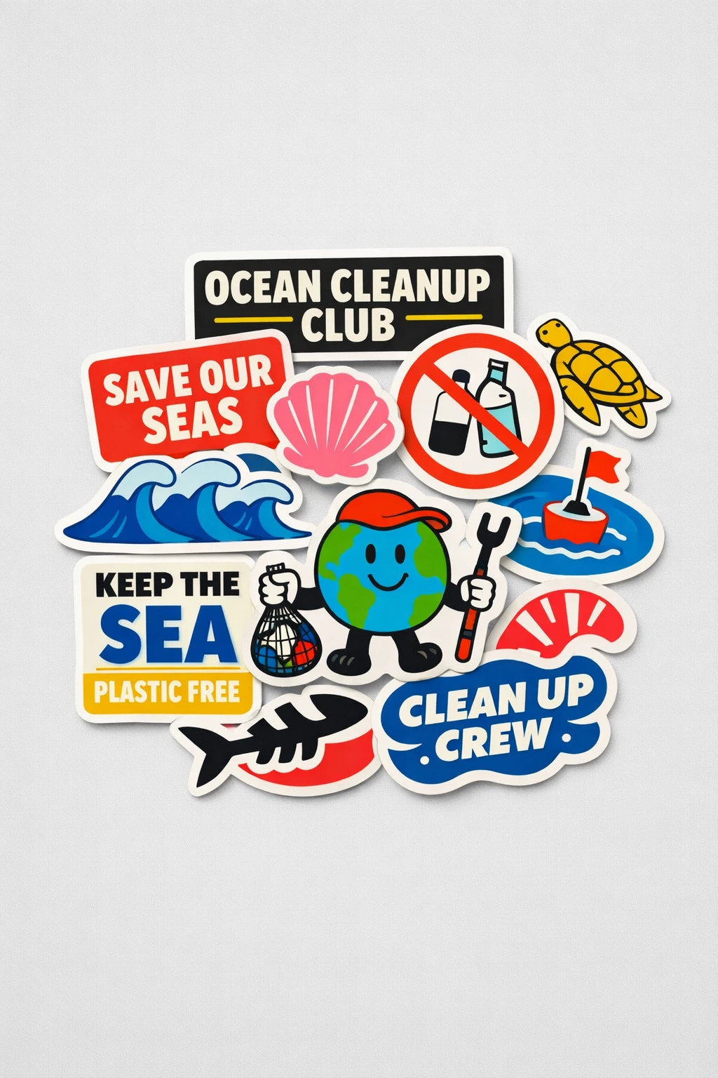 Example output from the Premium Retro Sticker Pile Photos ChatGPT prompt: a flat-lay sticker pile themed Ocean Cleanup Club, with waves, turtle, shell, no-plastic and clean up crew stickers.