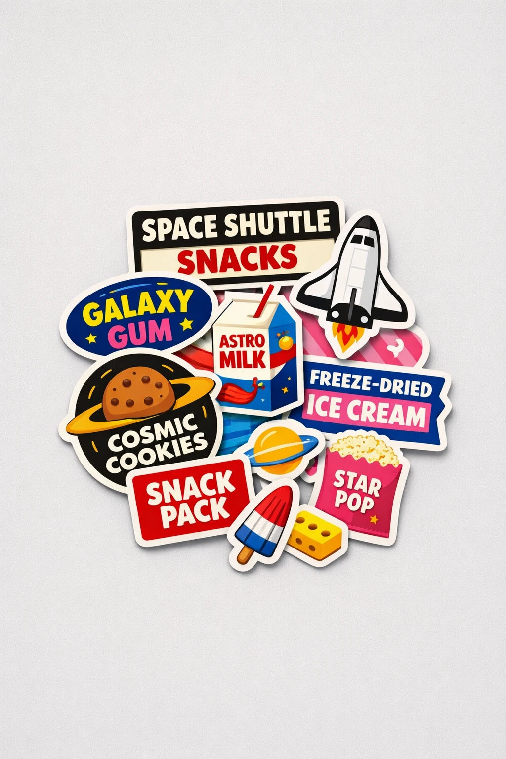 Example output from the Premium Retro Sticker Pile Photos ChatGPT prompt: a flat-lay sticker pile themed Space Shuttle Snacks, with galaxy gum, astro milk, cosmic cookies and freeze-dried ice cream stickers.