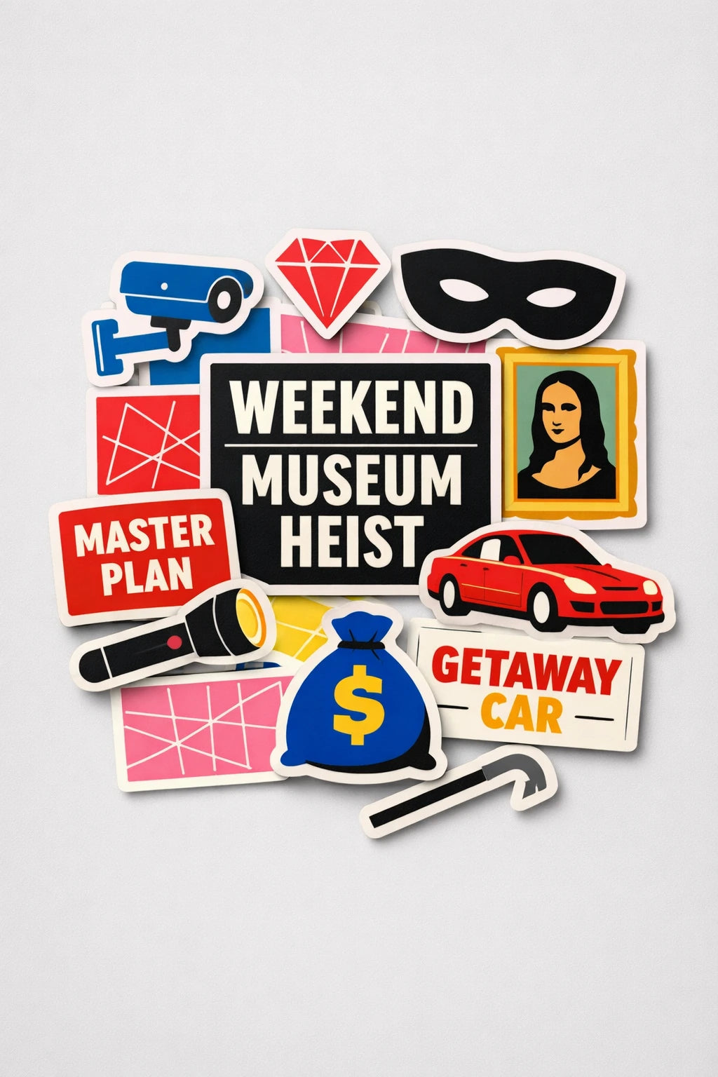Example output from the Premium Retro Sticker Pile Photos ChatGPT prompt: a Weekend Museum Heist themed sticker pile photographed flat-lay in retro-modern style with studio lighting.
