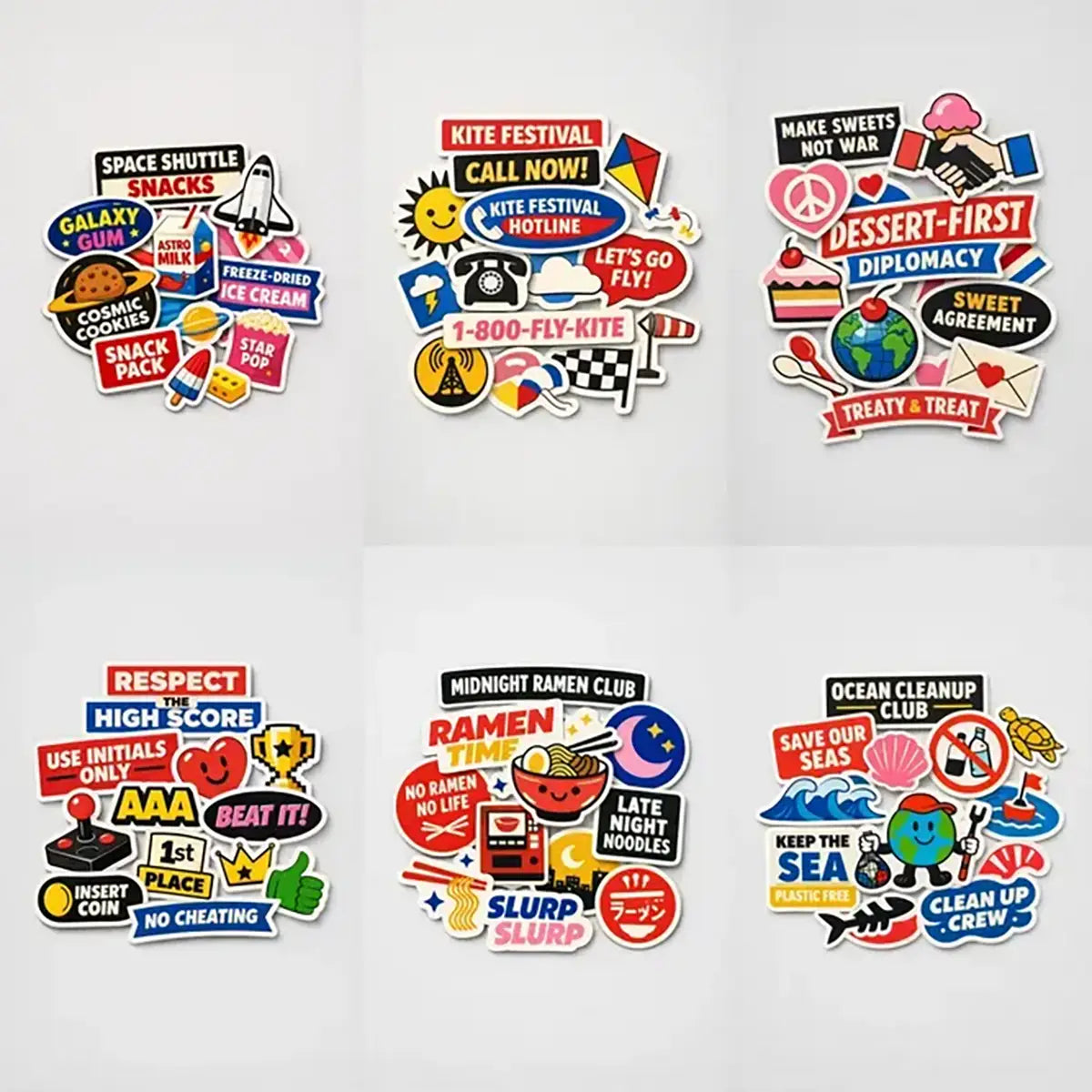 Example output from the Premium Retro Sticker Pile Photos ChatGPT prompt: a six-panel grid of die-cut sticker piles photographed flat-lay on white, themed Space Shuttle Snacks, Kite Festival, Dessert-First Diplomacy, arcade high score, Midnight Ramen Club and Ocean Cleanup Club.