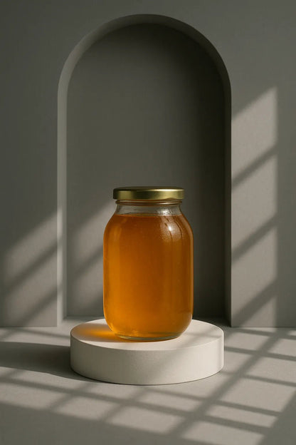 Example output from the Dual Editorial Drink Photography ChatGPT prompt: Honey Jar