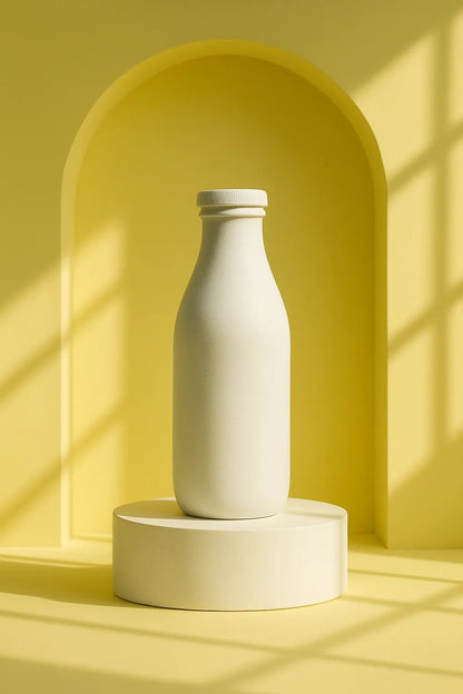 Example output from the Dual Editorial Drink Photography ChatGPT prompt: Milk Bottle