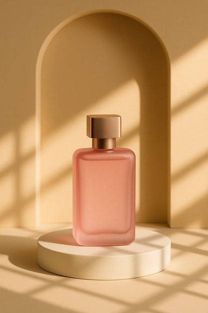 Example output from the Dual Editorial Drink Photography ChatGPT prompt: Pink Perfume Bottle