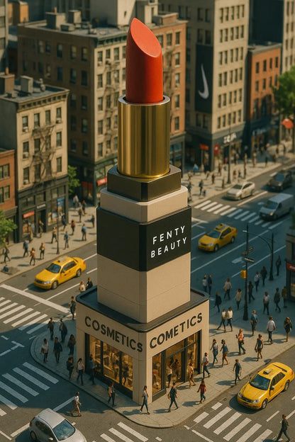 Example output of product-shaped flagship store render generated by a ChatGPT prompt template, featuring cinematic isometric architecture shaped. Fenty Beauty.