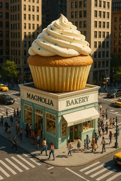 Example output of product-shaped flagship store render generated by a ChatGPT prompt template, featuring cinematic isometric architecture shaped. Magnolia Bakery.