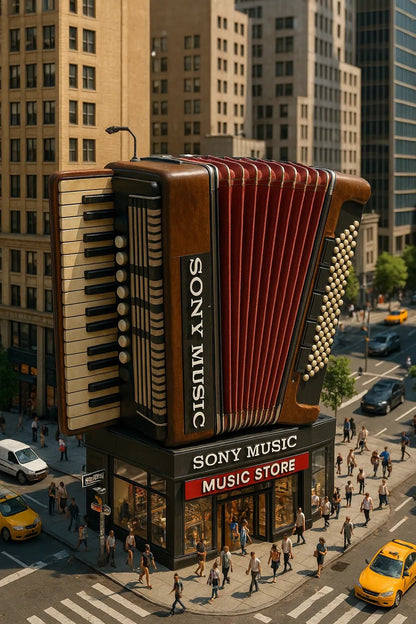 Example output of product-shaped flagship store render generated by a ChatGPT prompt template, featuring cinematic isometric architecture shaped. Sony Music.