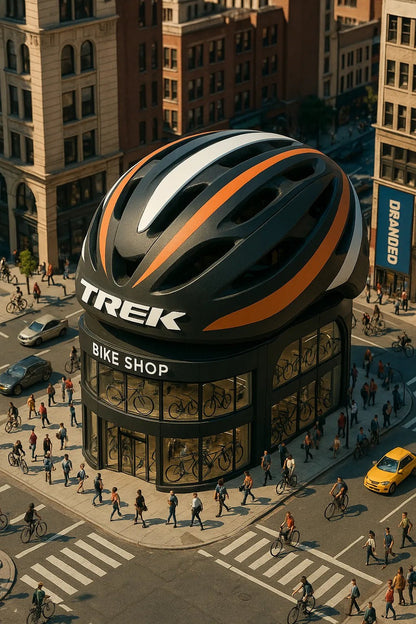 Example output of product-shaped flagship store render generated by a ChatGPT prompt template, featuring cinematic isometric architecture shaped. Trek Bike Shop.
