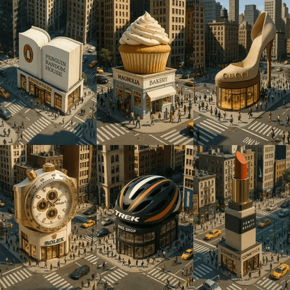 Example output of product-shaped flagship store renders generated by a ChatGPT prompt template, featuring cinematic isometric architecture shaped like various products, daylight-lit urban context, realistic textures, and natural human activity.