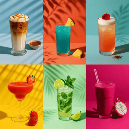 Example output of professional drink studio shots generated by a ChatGPT prompt template, showcasing an iced latte with caramel drizzle, a bright blue pineapple cocktail, a saffron-topped rose petal fizz, a vibrant strawberry daiquiri, a mint mojito with lime garnish, and a dragon fruit smoothie.