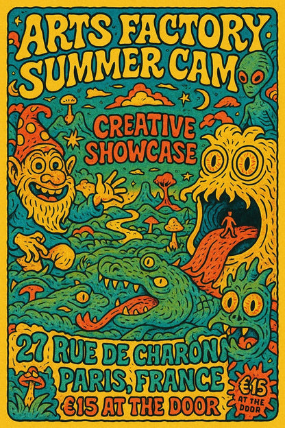 Example output from the Psychedelic Event Posters For Any Event ChatGPT prompt: colorful, hand-drawn concert and festival posters with fantasy characters, comic-style details, and surreal scenes in vibrant tetradic palettes. Arts Factory Summer cam.