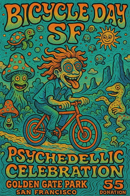 Example output from the Psychedelic Event Posters For Any Event ChatGPT prompt: colorful, hand-drawn concert and festival posters with fantasy characters, comic-style details, and surreal scenes in vibrant tetradic palettes. Bicycle Day SF.