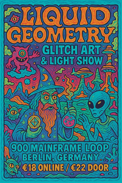 Example output from the Psychedelic Event Posters For Any Event ChatGPT prompt: colorful, hand-drawn concert and festival posters with fantasy characters, comic-style details, and surreal scenes in vibrant tetradic palettes. Liquid Geometry.