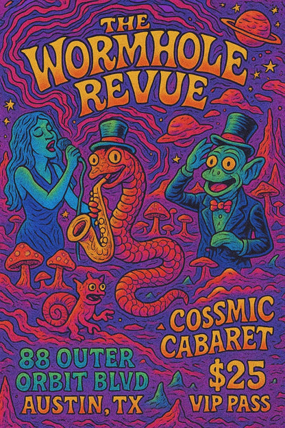 Example output from the Psychedelic Event Posters For Any Event ChatGPT prompt: colorful, hand-drawn concert and festival posters with fantasy characters, comic-style details, and surreal scenes in vibrant tetradic palettes. The Wormhole Revue.