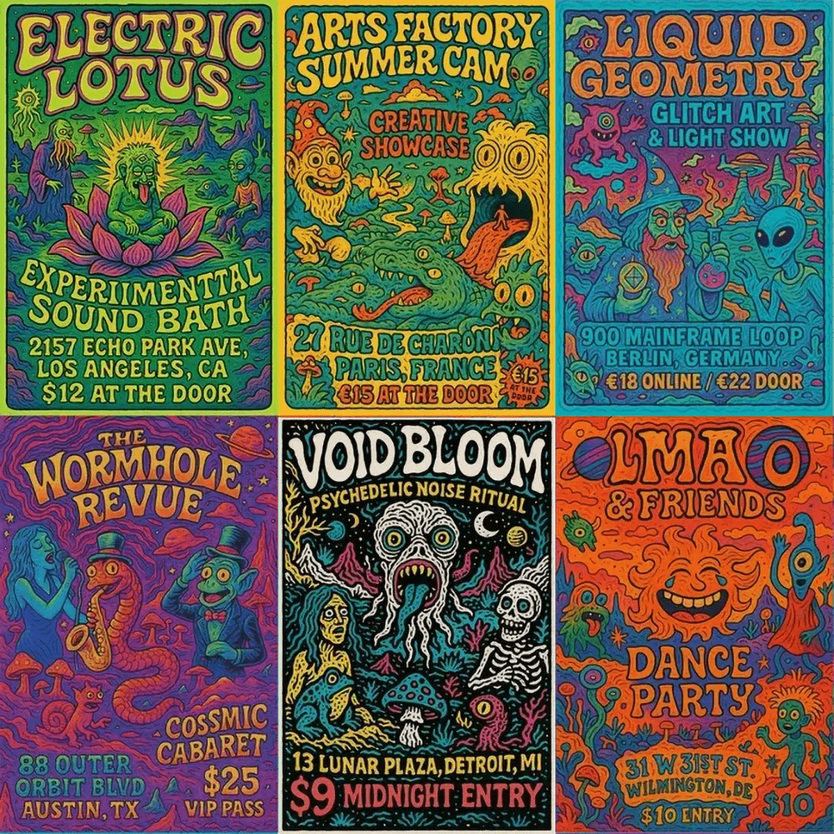 Example output from the Psychedelic Event Posters For Any Event ChatGPT prompt: colorful, hand-drawn concert and festival posters with fantasy characters, comic-style details, and surreal scenes in vibrant tetradic palettes.