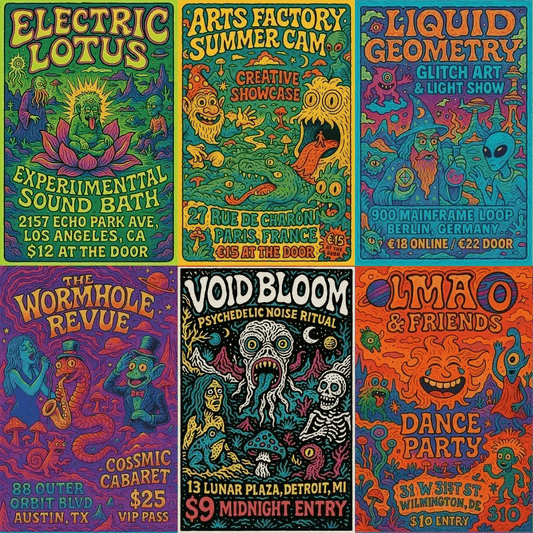 Example output from the Psychedelic Event Posters For Any Event ChatGPT prompt: colorful, hand-drawn concert and festival posters with fantasy characters, comic-style details, and surreal scenes in vibrant tetradic palettes.