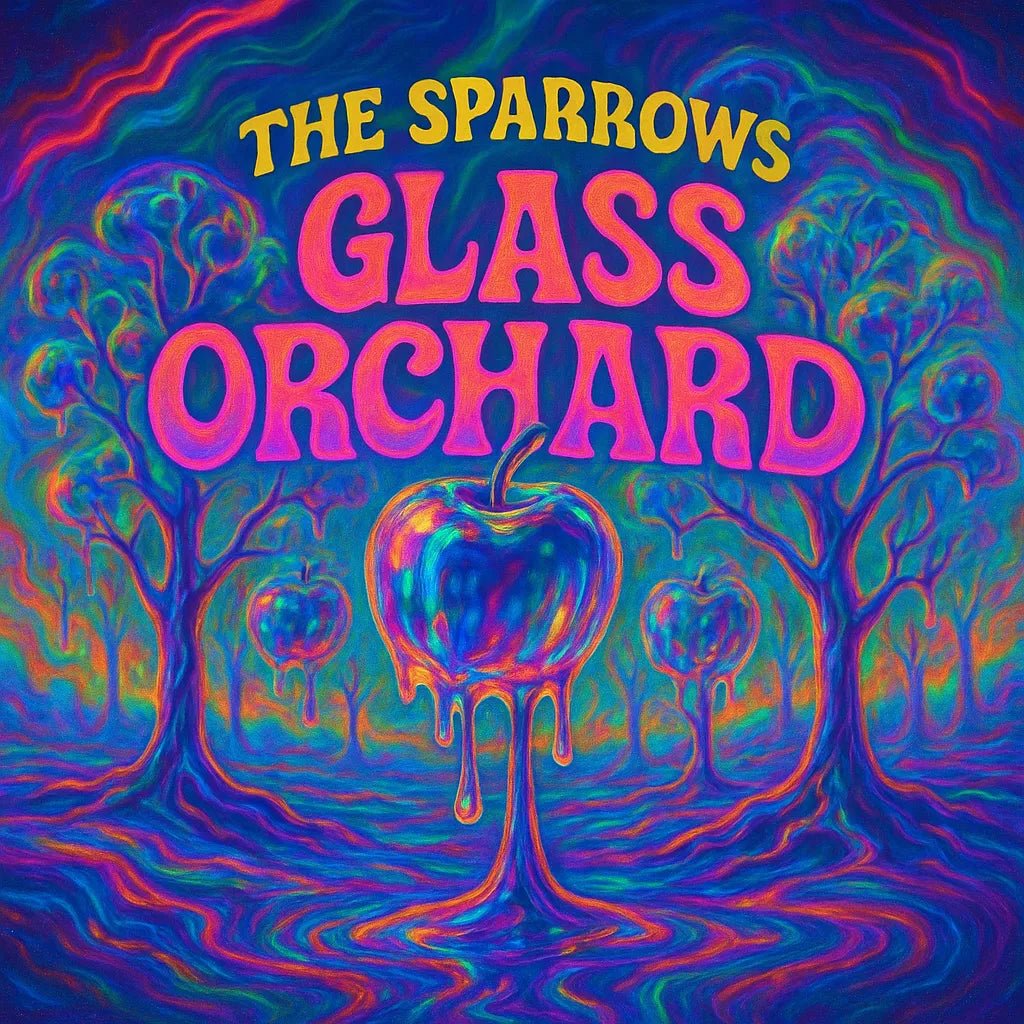 Example output from the Psychedelic Trippy Album Cover Design ChatGPT prompt: The Sparrows Glass Orchard