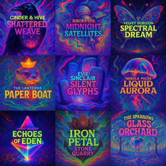 Example output from the Psychedelic Trippy Album Cover Design ChatGPT prompt: surreal album covers with glowing neon colors, dreamy textures, and centered typography over vivid cosmic or animal-inspired subjects in a psychedelic style.