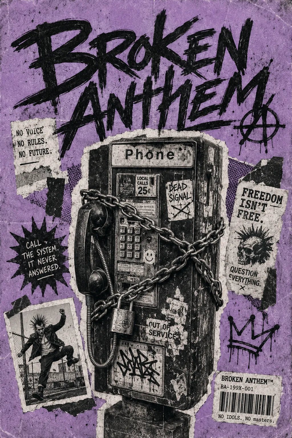 Example output from the Punk Zine Streetwear Posters ChatGPT prompt: a Broken Anthem zine poster on purple, with a chained payphone and graffiti brush lettering.