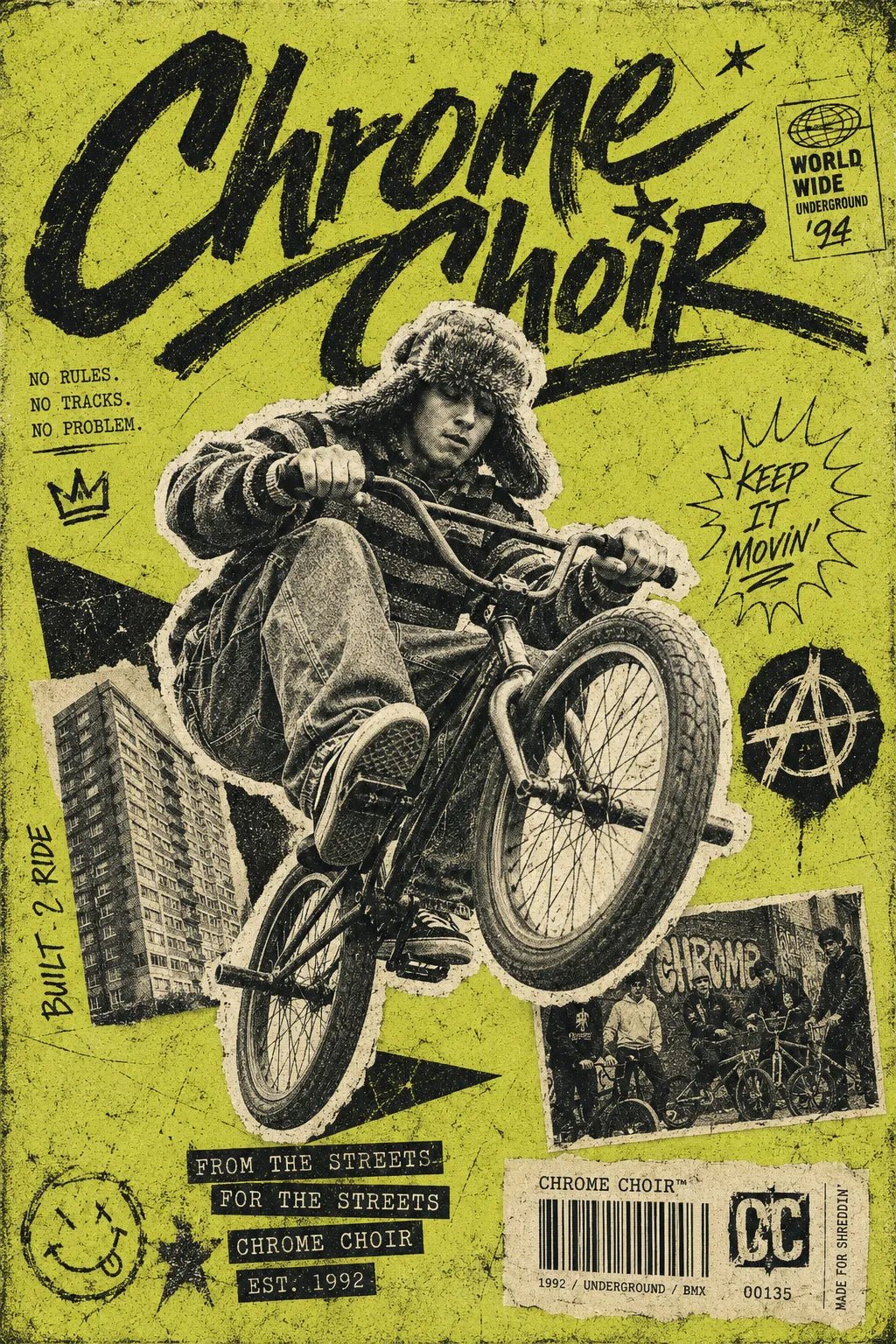 Example output from the Punk Zine Streetwear Posters ChatGPT prompt: a Chrome Choir zine poster on acid yellow, with a BMX rider mid-air over torn city cutouts.