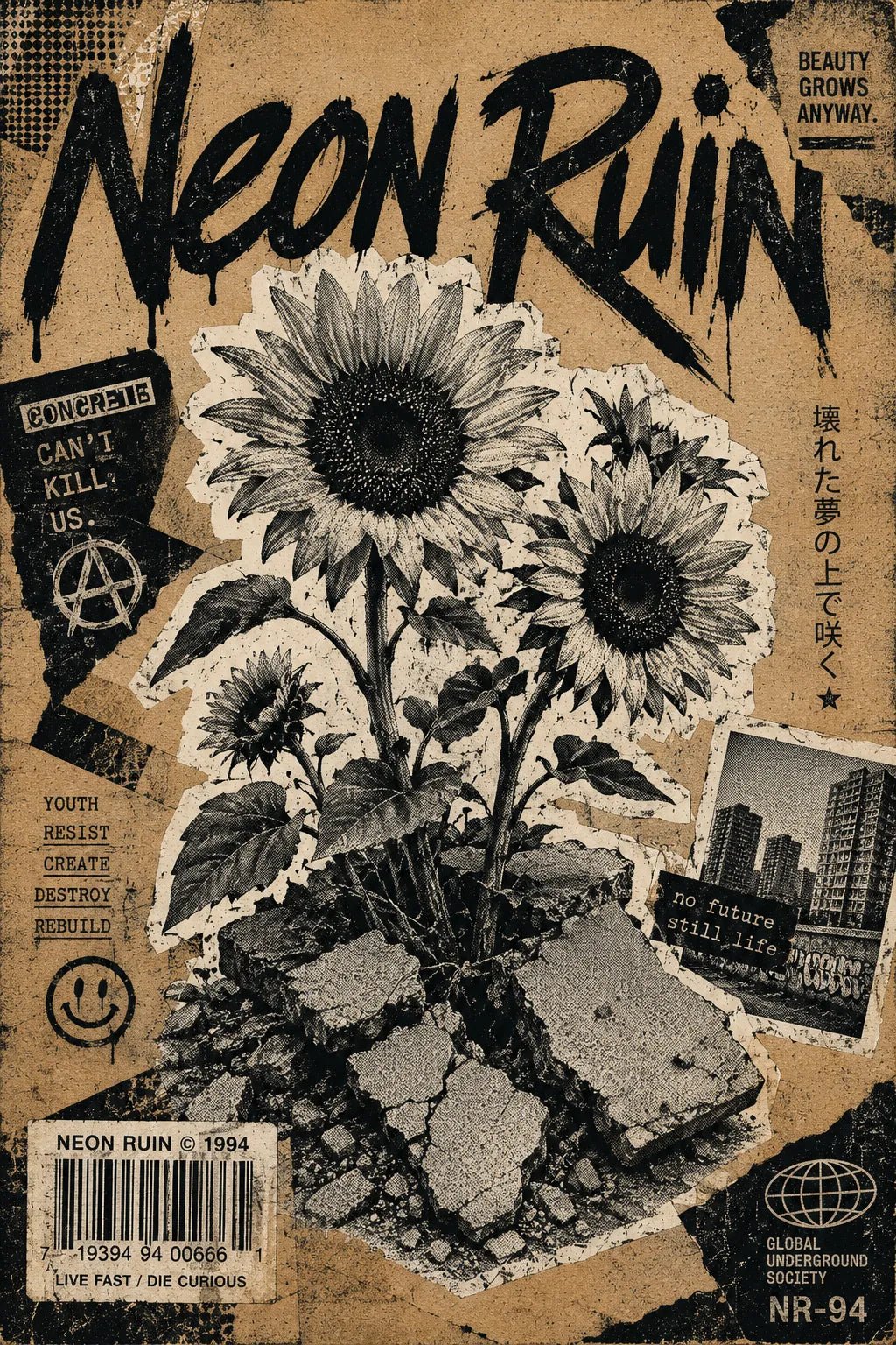 Example output from the Punk Zine Streetwear Posters ChatGPT prompt: a Neon Ruin zine poster with gritty halftone cutouts, graffiti typography and raw collage texture.