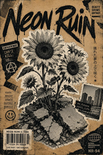 Example output from the Punk Zine Streetwear Posters ChatGPT prompt: a Neon Ruin zine poster with gritty halftone cutouts, graffiti typography and raw collage texture.
