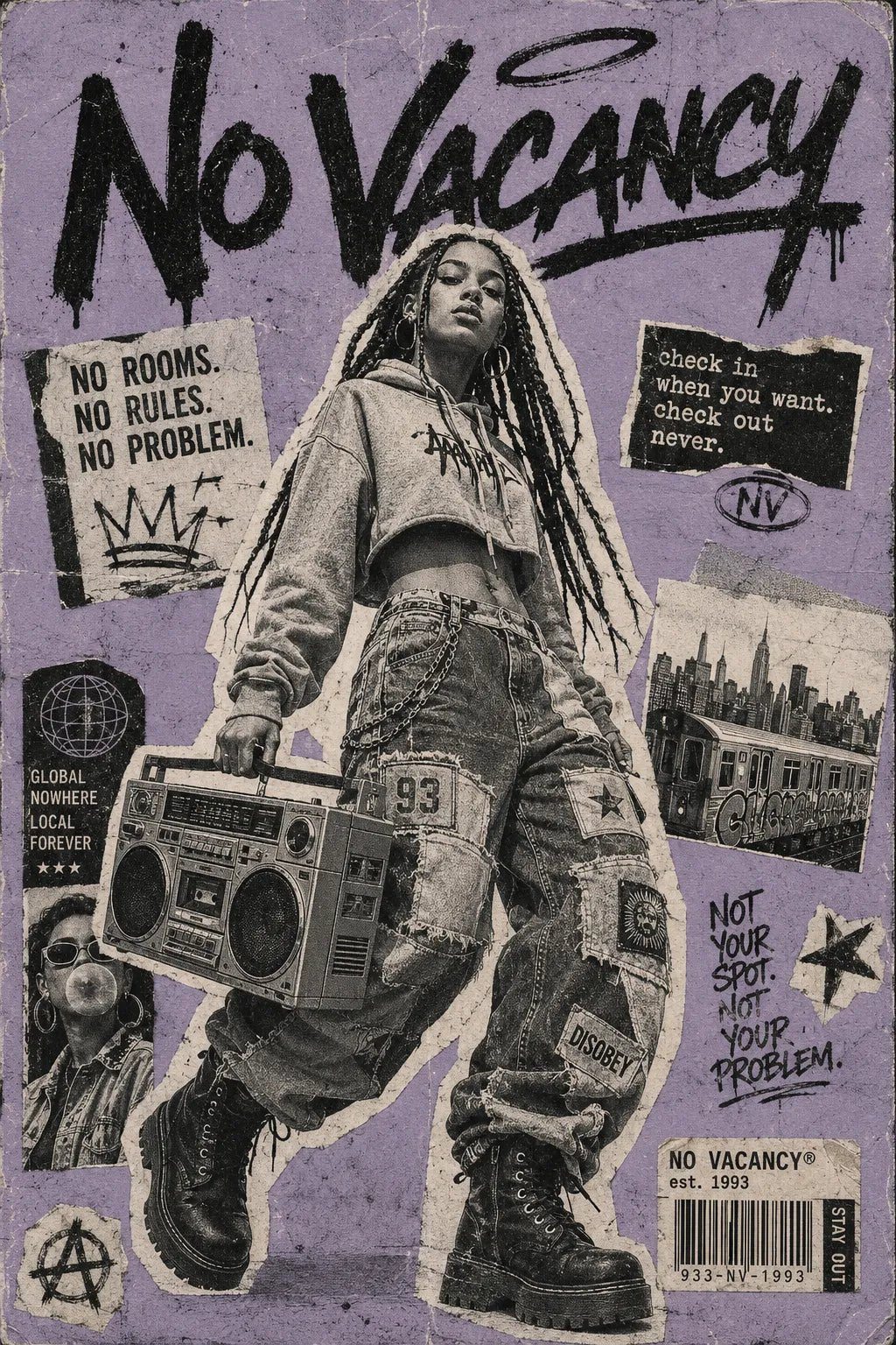 Example output from the Punk Zine Streetwear Posters ChatGPT prompt: a No Vacancy zine poster with gritty halftone cutouts, graffiti typography and raw collage texture.