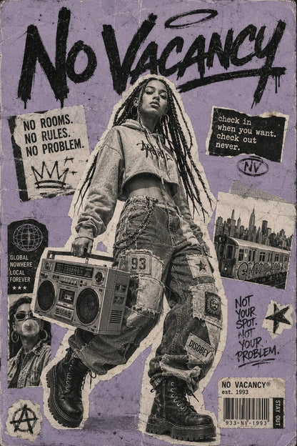 Example output from the Punk Zine Streetwear Posters ChatGPT prompt: a No Vacancy zine poster with gritty halftone cutouts, graffiti typography and raw collage texture.