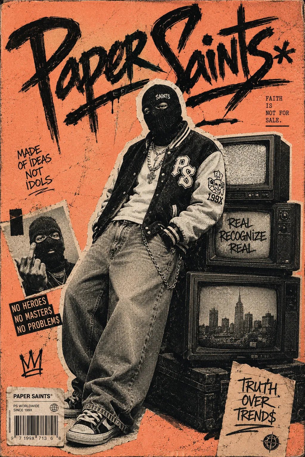 Example output from the Punk Zine Streetwear Posters ChatGPT prompt: a Paper Saints zine poster on orange, with a masked figure in a varsity jacket beside stacked televisions.
