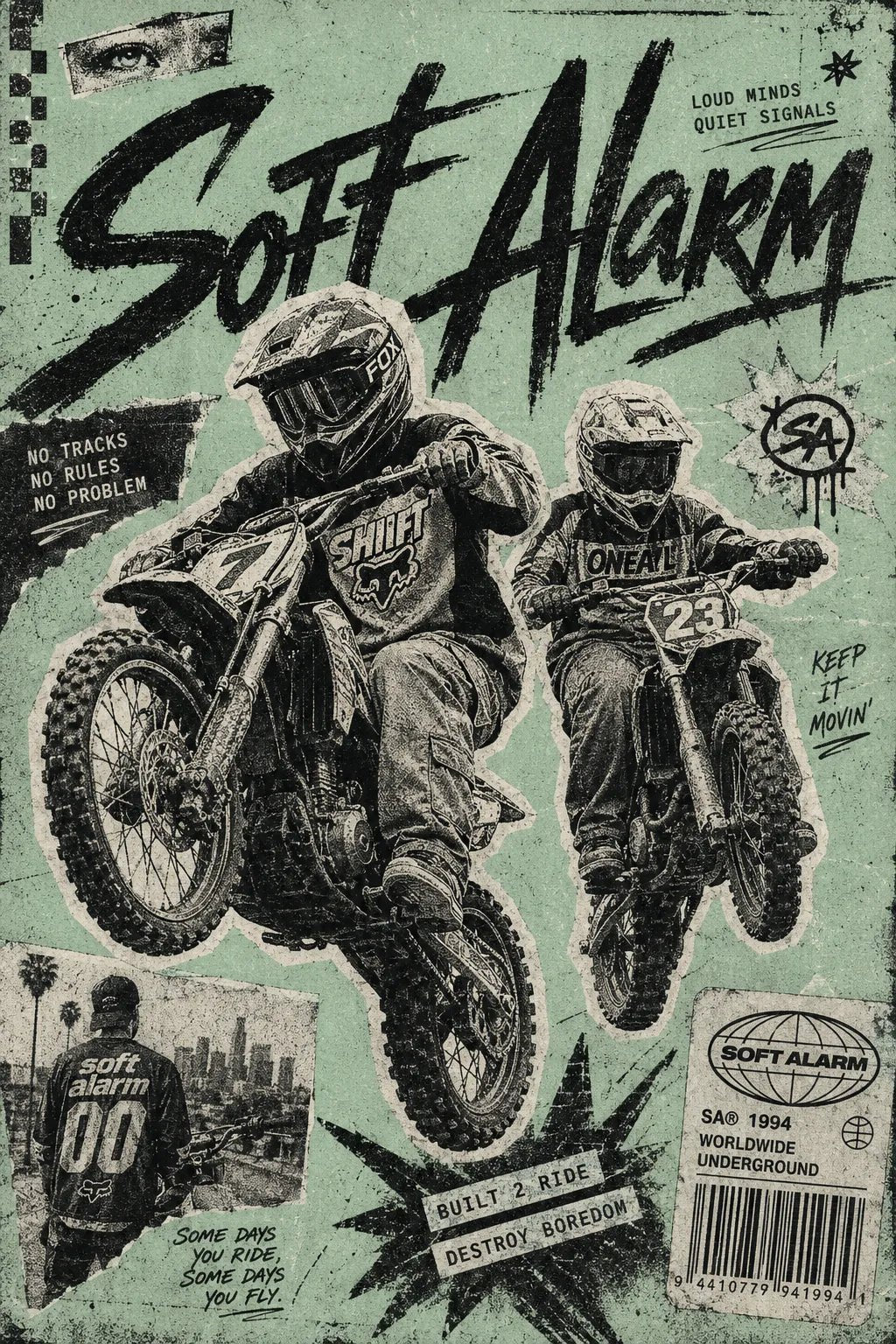 Example output from the Punk Zine Streetwear Posters ChatGPT prompt: a Soft Alarm zine poster with gritty halftone cutouts, graffiti typography and raw collage texture.