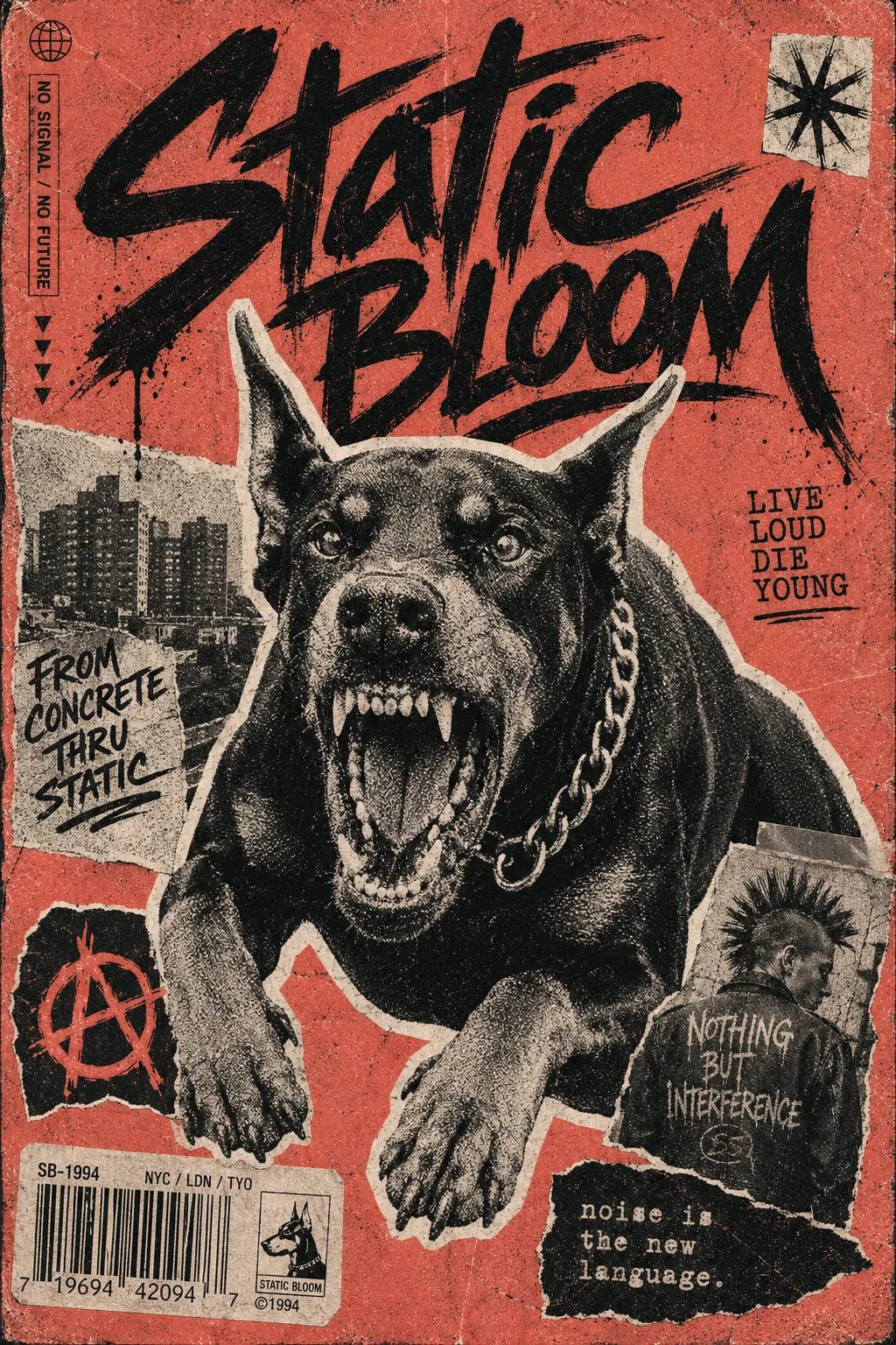 Example output from the Punk Zine Streetwear Posters ChatGPT prompt: a Static Bloom zine poster on red, with a snarling doberman and tower block cutouts.