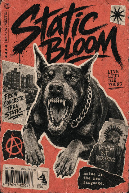 Example output from the Punk Zine Streetwear Posters ChatGPT prompt: a Static Bloom zine poster on red, with a snarling doberman and tower block cutouts.