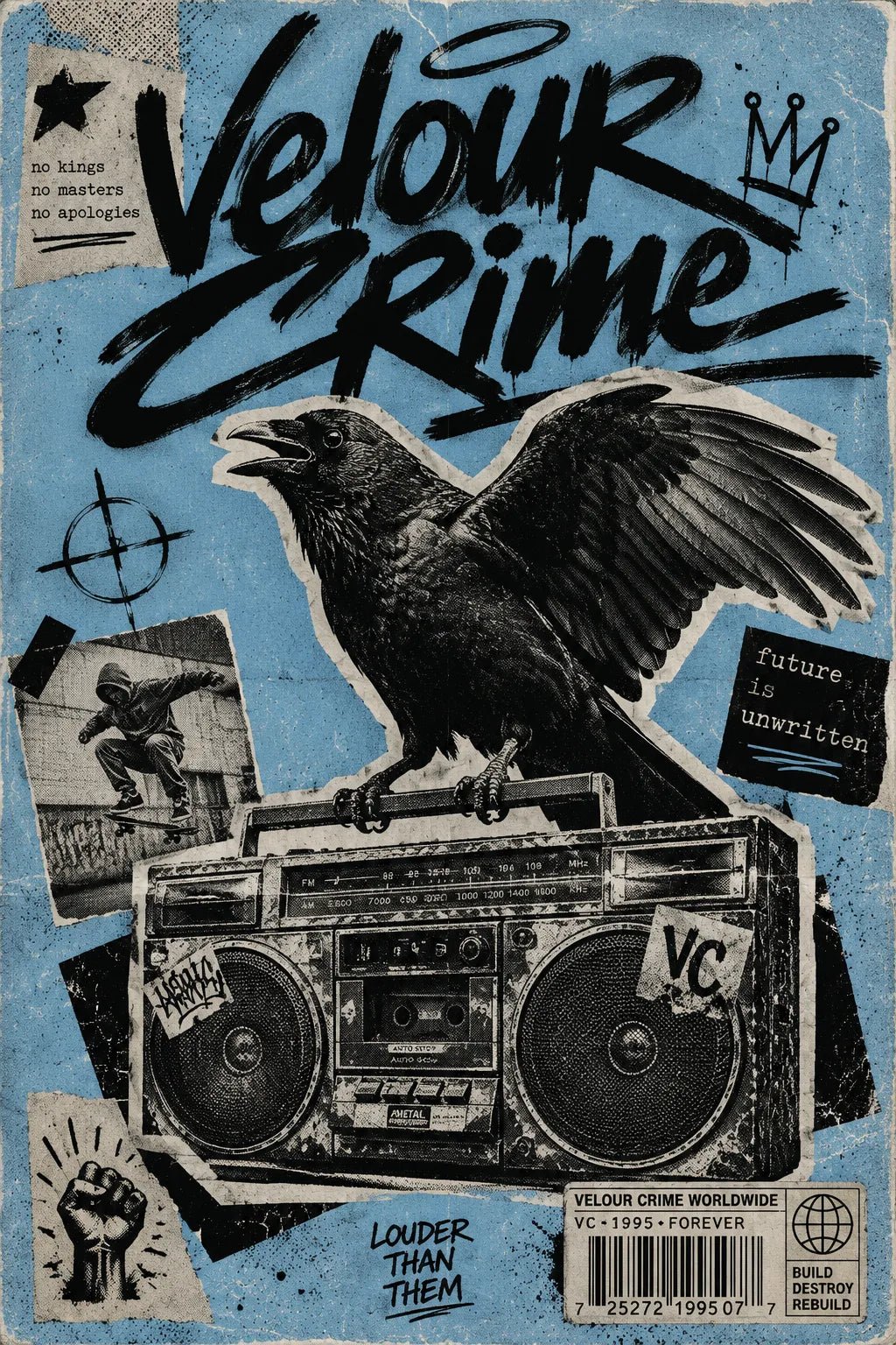 Example output from the Punk Zine Streetwear Posters ChatGPT prompt: a Velour Crime zine poster on blue, with a halftone crow perched above a boombox cutout.