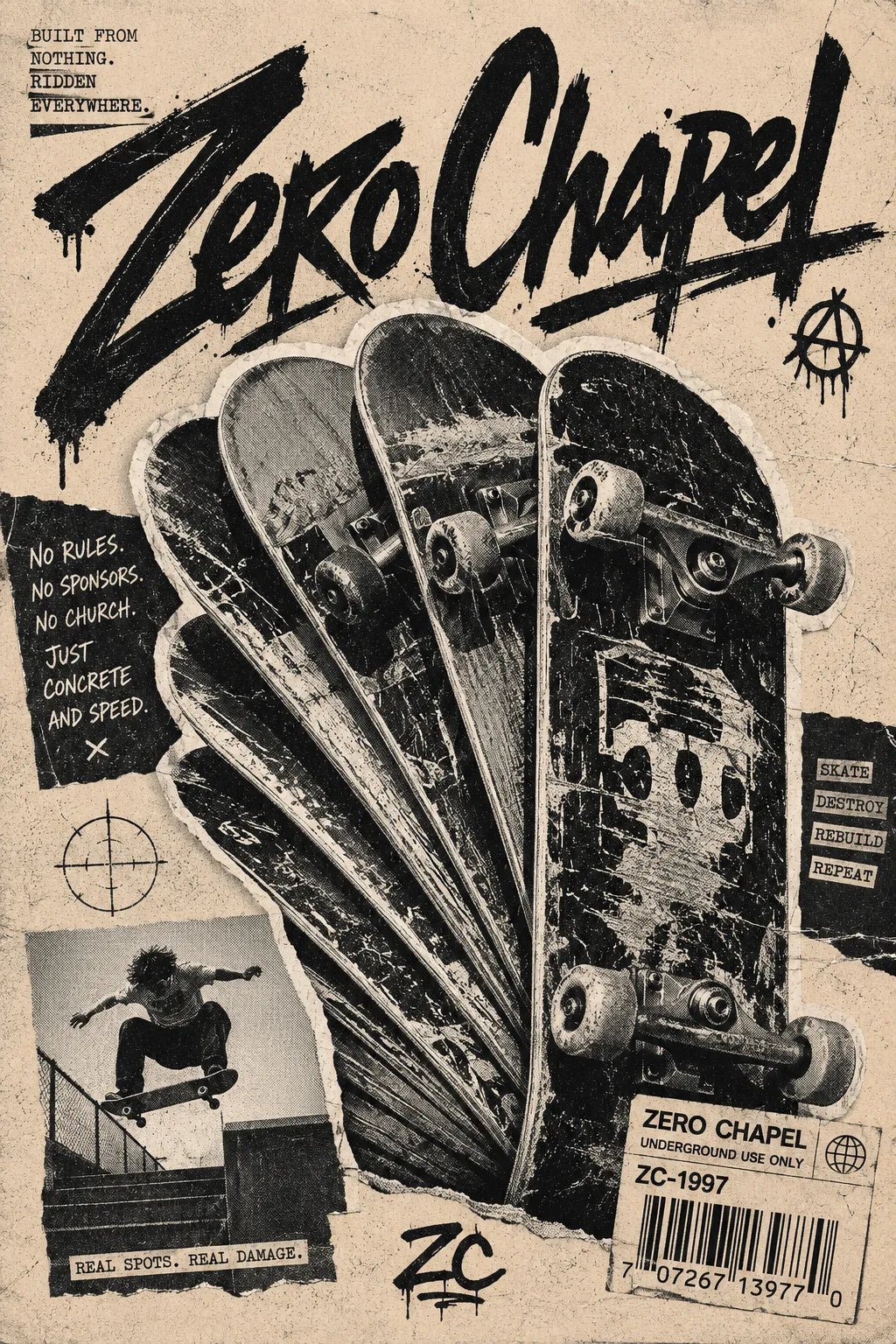Example output from the Punk Zine Streetwear Posters ChatGPT prompt: a Zero Chapel zine poster on cream, with a fan of halftone skateboard decks and a skater cutout.