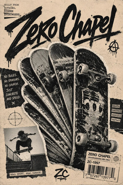 Example output from the Punk Zine Streetwear Posters ChatGPT prompt: a Zero Chapel zine poster on cream, with a fan of halftone skateboard decks and a skater cutout.