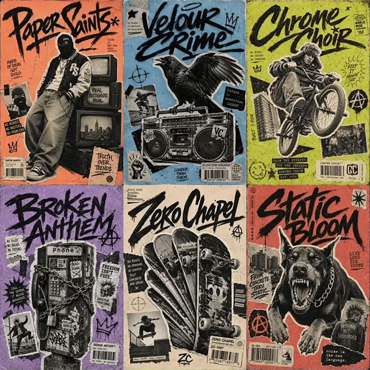 Example output from the Punk Zine Streetwear Posters ChatGPT prompt: a six-poster grid of 1990s zine-style streetwear posters with halftone photo cutouts and graffiti brush lettering, titled Paper Saints, Velour Crime, Chrome Choir, Broken Anthem, Zero Chapel and Static Bloom.